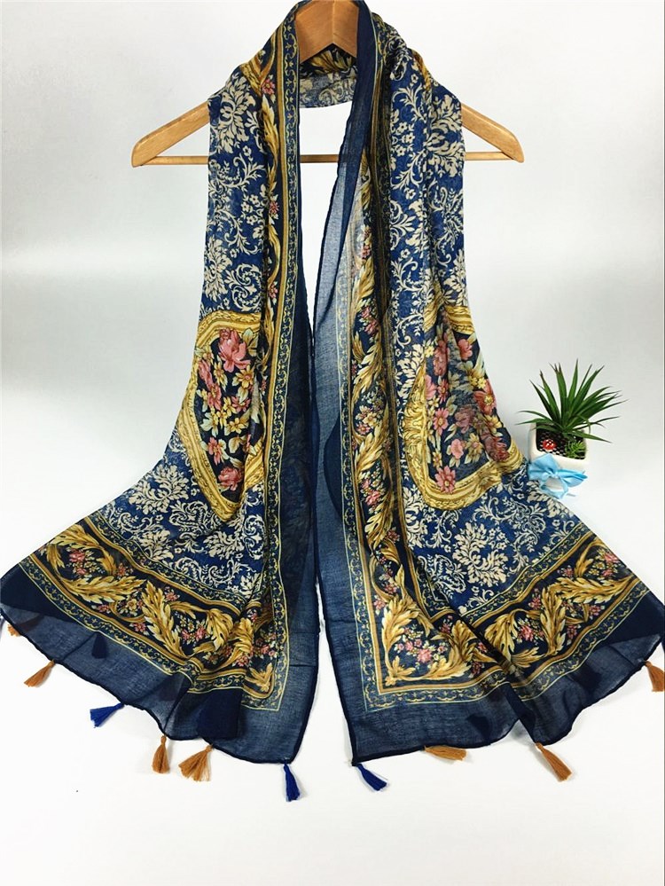 中國風掛須巴厘紗圍巾藍色 中國風掛須巴厘紗圍巾藍色