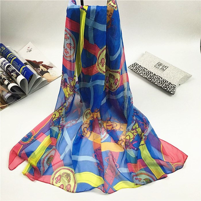 新款鏈條花雪紡絲巾深藍色 新款鏈條花雪紡絲巾深藍色